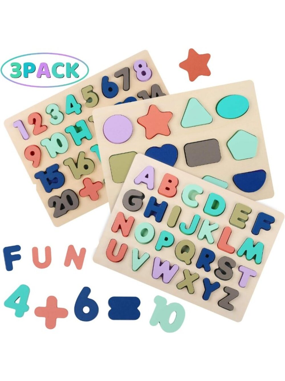 Educational Wooden Puzzles for Toddlers - Alphabet, Numbers & Shapes, Ages 3-6